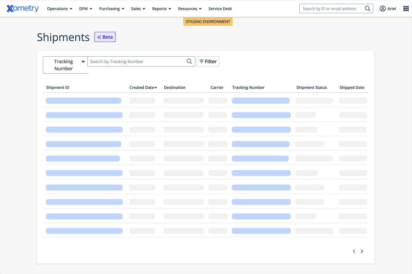 Shipments table on the staff platform